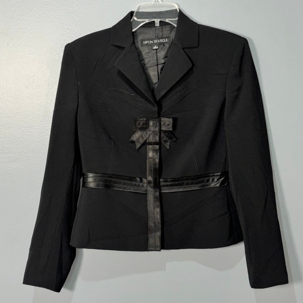 Nipon Boutique Blazer Womens‎ 4 Black Polyester Satin Bow Trim Chic Professional